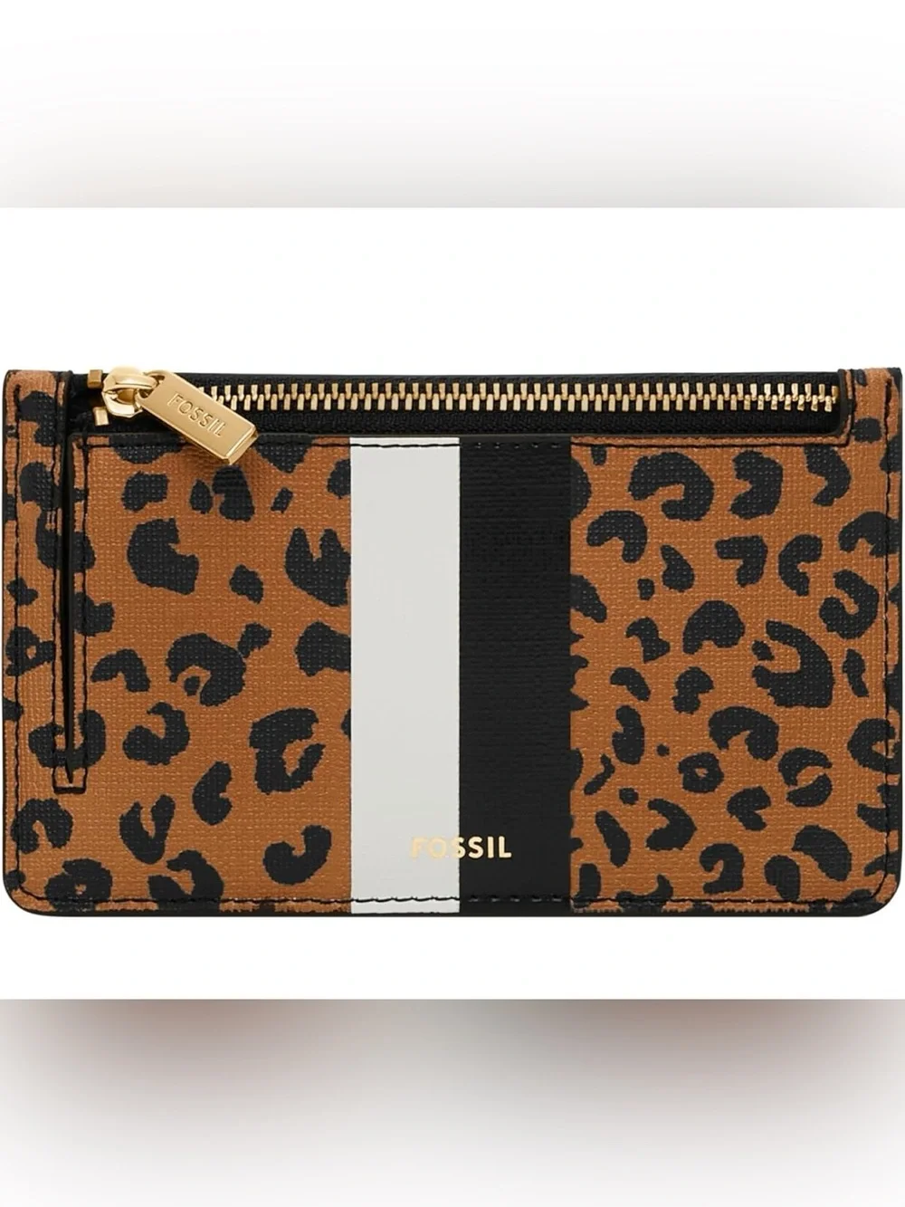 Fossil Leopard Black White Stripe Zip Card Holder Gold Keyring